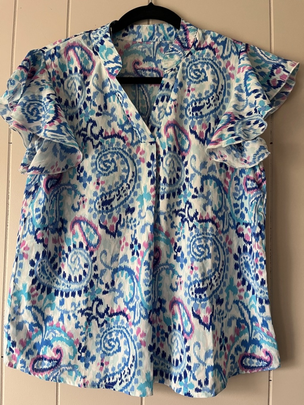 Women's Blue Paisley Ruffle Sleeve Top